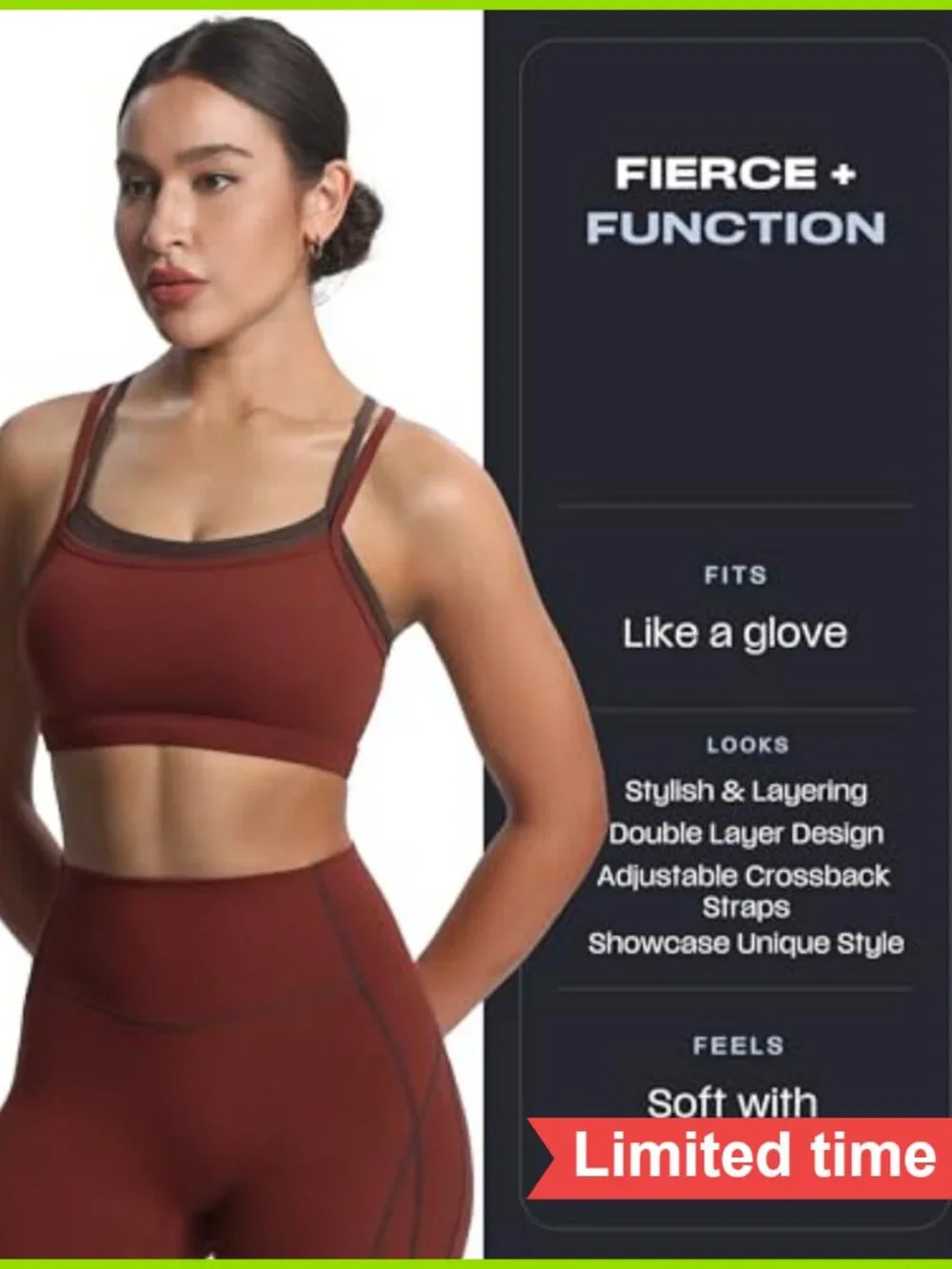 Double Layer High Impact Sports Bra, Cross-Back, Removable Pads, 75% Nylon 25%